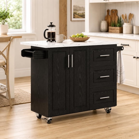 43" Modern Kitchen Island on Wheels with Drop Leaf & Storage, Faux Marble Tabletop, 3 Drawers with Spice Rack & Towel Rack, Rolling Kitchen Cart for Small Space, Black