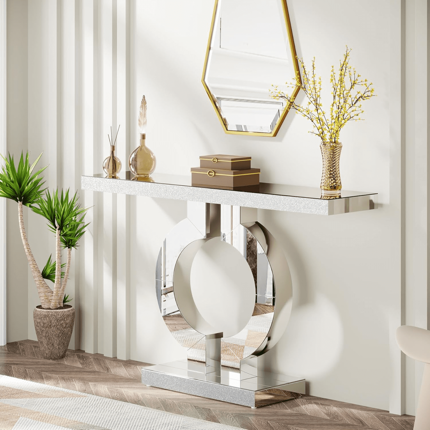 43" Modern Mirrored Console Table - Glass Sofa Table With Mirror Finish ...