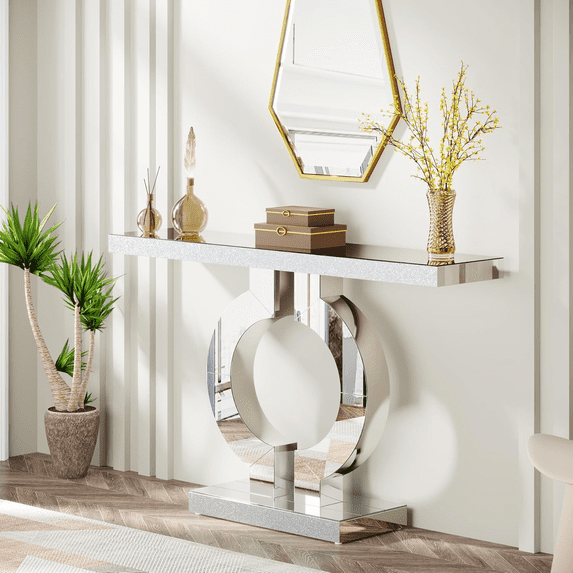 43" Modern Mirrored Console Table - Glass Sofa Table With Mirror Finish & O-Shaped Base, Rectangular Accent Foyer Table For Living Room Hallway Entrance (Silver)