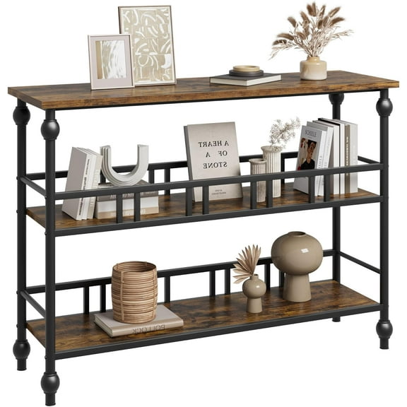 43" Narrow Console Table with Shelves, 3 Tier Industrial Entryway Sofa Table, Space Saving Rustic Hallway, Living Room Side Table for Bedroom, Apartment, Foyer