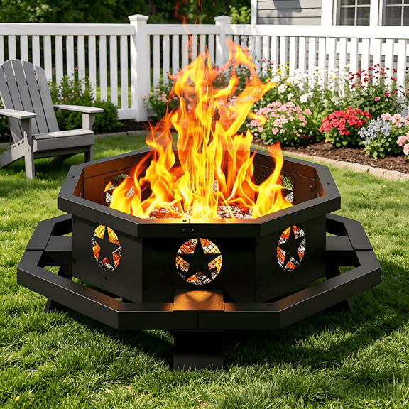 GOHONEI 43" Octagonal Fire Pit, Wood Burning Fire Pit with Poker for Patio, Backyard, Picnic, Camping, Black