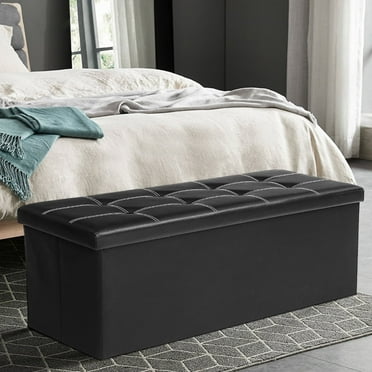 43" Ottoman with Storage Bench Long End of Bed Seat with Storage Large Hinged Storage Ottoman Bench Folding Chest Footrest Toy Chest for Bedroom Living Room, Black
