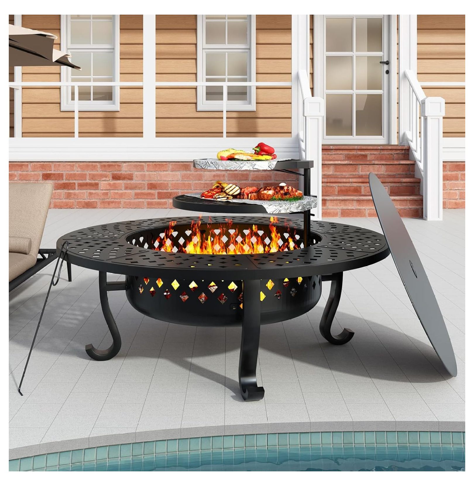 43" Outdoor with 2 Grill, Wood Burning Firepit for Outside with Lid ...