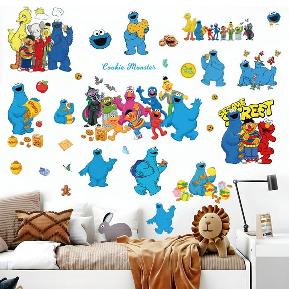 43 PCS For Cookie Monster Theme Wall Stickers – Cartoon Character PVC Removable DIY Wall Decals for Boys Girls Bedroom, Living Room, Playroom Decor, 9.84x17.72 Inch, 4 Sheets Set