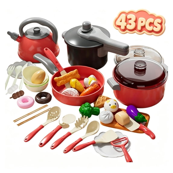 43 PCS Kids Toddler Play Kitchen Pretend Play Toys, Realistic Cookware Dishes Utensils Cutting Playset, Preschool Educational Learning Toy, Imaginative Chef Role Play Kit for Boys Girls Ages 3+