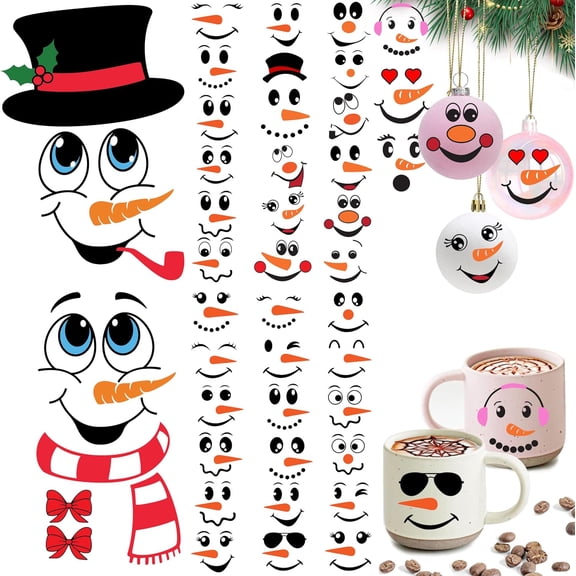 43 PCS Snowman Face Stickers for Crafts Christmas Vinyl Snowman Face Decals for Ornaments Glass Water Bottles Cup Window Wall Christmas Decorations