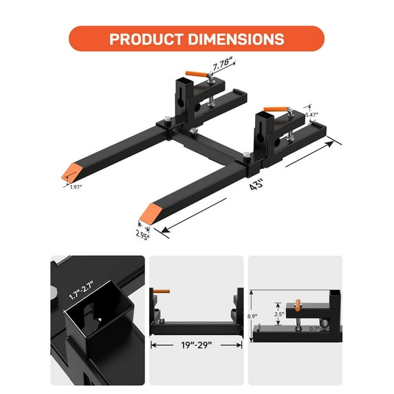 43" Pallet Forks HeavyDuty Quick Attach Forks with Adjustable Stabilizer Bar, 2000 lbs Capacity Clamp on Pallet Forks for Tractor Skid Steer Loader Bucket