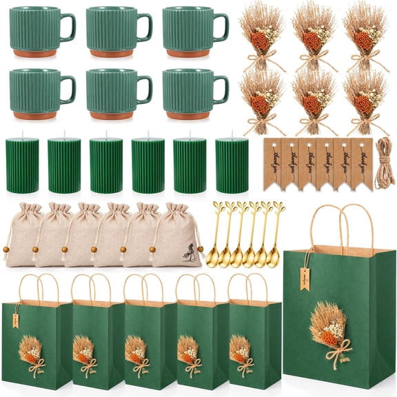 43 Pcs 6 Set Baby Shower Prizes for Adult Winner Ceramic Mugs Gold Leaf Spoon Scented Candles Mini Dried Flower Bouquet Burlap Bag Thank You Card Kraft Paper Bag for Wedding Bridal(Green) Y101