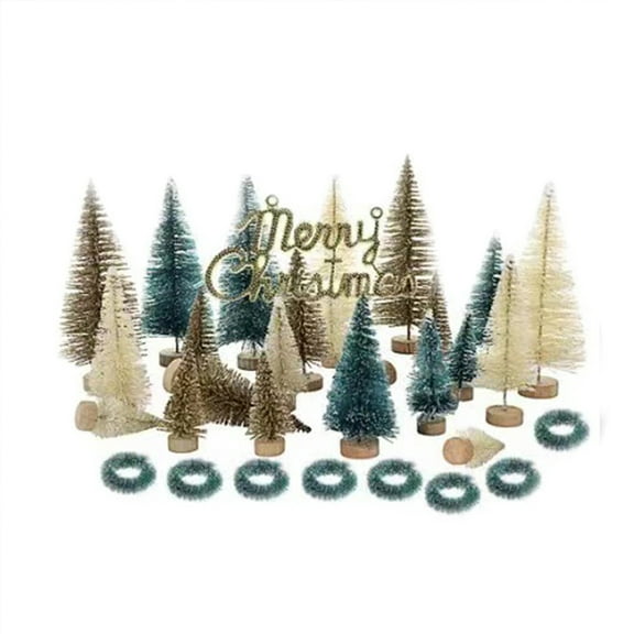 43 Pcs Artificial Mini Christmas Trees Set - Miniature Sisal Frosted Christmas Trees Bottle Brush Trees with Christmas Wreaths and Merry Christmas Sign for DIY Crafts Home Table Top Decor