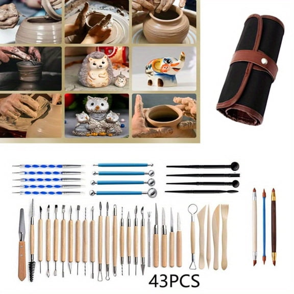43 Pcs Pottery & Clay Sculpting Tools, Double Sided Ceramic Clay Carving Tool Set with Carrying Case Bag, Pottery Modeling Smoothing