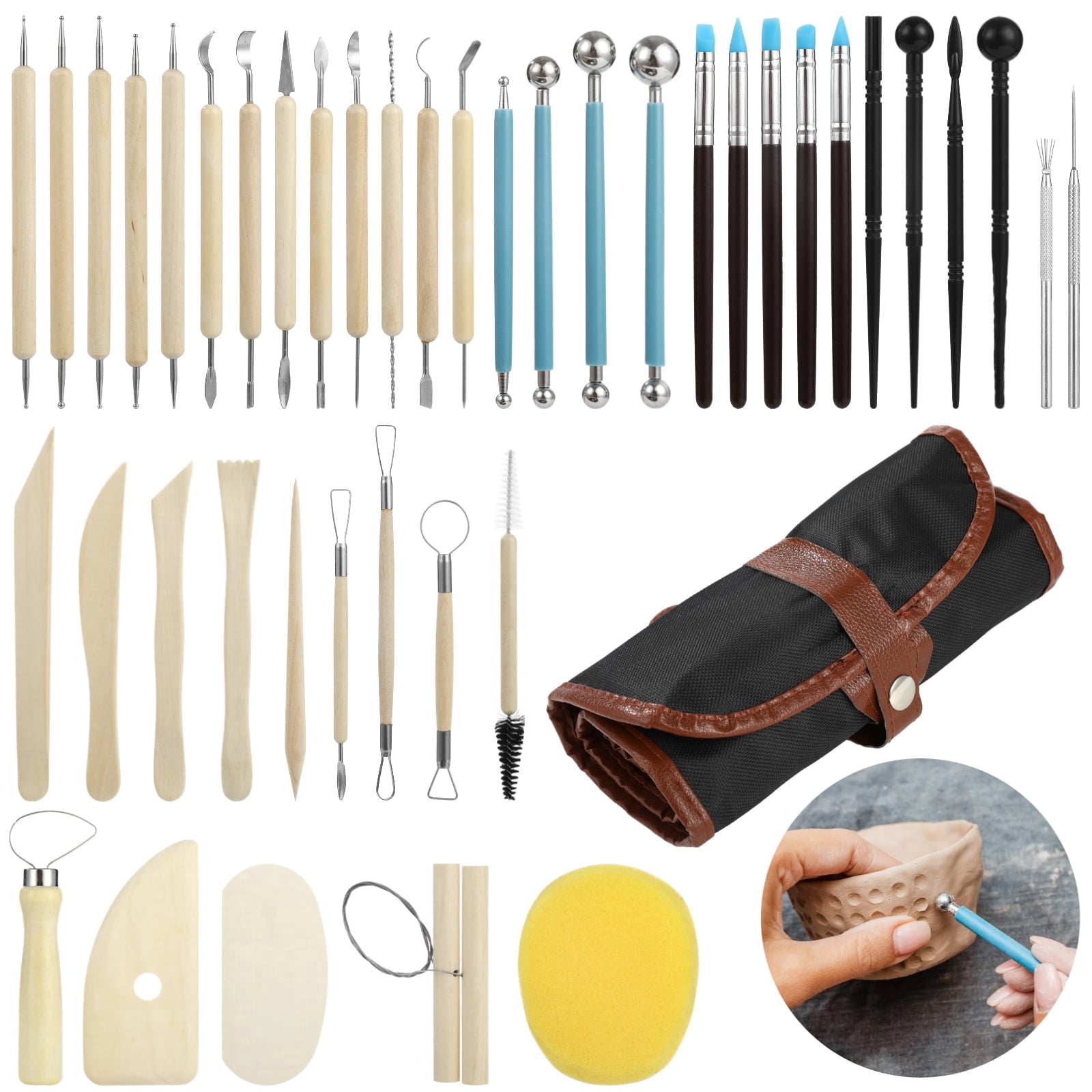 43 Pcs Pottery Tool Set for Sculpting, Double Sided Ceramic Clay Carving Tools with Carrying Bag, Wooden and Stainless Steel Modeling Tools for Clay, Polymer, Ceramics, DIY Art Projects