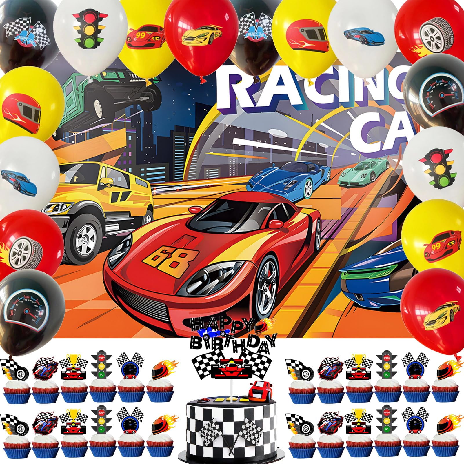 43 Pcs Race Car Birthday Party Decorations Set for Boys, Includes Racing Car Backdrop, Cake ...