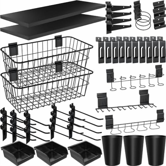 43 Pcs Slatwall Accessories Organizer Kit with Slatwall Hook, Slatwall Shelves, Slatwall Basket, Slatwall Bin, Slatwall Cup, Slatwall Screwdriver Holder for Organizing Various Tools (Black)$