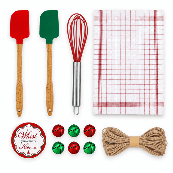 43-Piece Christmas Kitchen Utensil Gift Set with Spatulas, Whisks, Dishcloths, Cards & Bells, Holiday Baking Supplies for Parties & Neighbor Gifts