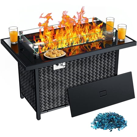 Philergo 43.2" Propane Fire Pit Table with Tempered Glass Tabletop, 62,000 BTU Rectangular Gas Fire Pit with Blue Glass Rocks, Wind Guard and Lid for Outdoor, Patio, CSA-Listed, Adjustable Feet Pad