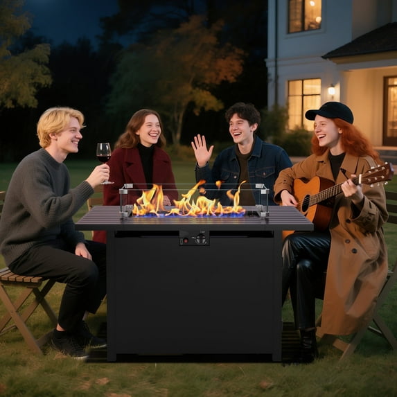CozyHome 43" Outdoor Fire Pit Table 50,000 BTU Propane Patio Gas Firepit with Lid, Glass Shield & Waterproof Cover
