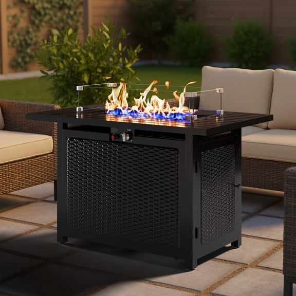Heynemo 43" Outdoor Propane Fire Pit Table,2-in-1 50,000 BTU Gas Fire Table with Lid & Waterproof Cover, Rattan-Look Design