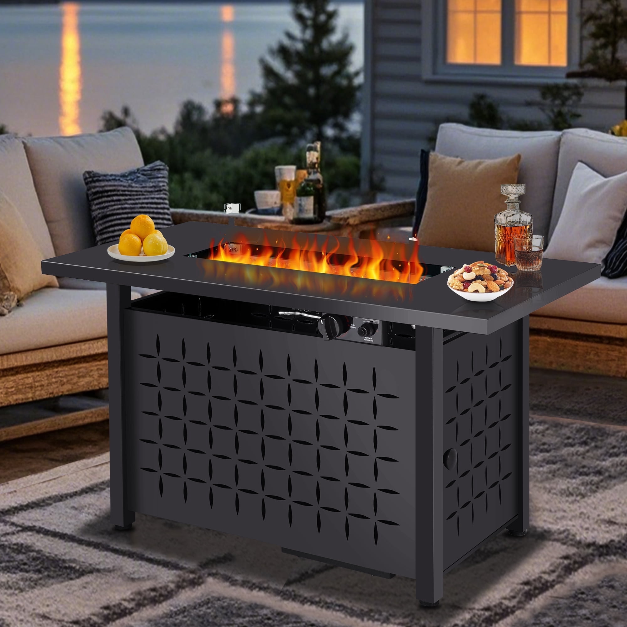 Enyopro 43" Propane Fire Pit, 60,000 BTU 2 in 1 Auto-Ignition Rectangular Natural Fire Pits Table w/ Haning Basket, Lava Rock and Steel Lid for Outside, Porch, Patio