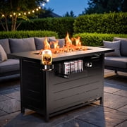 Philergo 43.2" Propane Fire Pits for Outside 62,000 BTU Gas Fire Pit Table for Outside with Lid , Glass Beads, Cup Holders, Hanging Shelf & Nylon Cover, Rectang