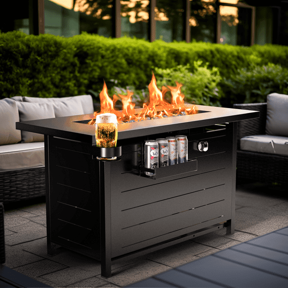 CHITOOMA 43" Propane Fire Pits for Outside 60,000 BTU Gas Fire Pit Table for Outside with Lid , Glass Beads, Cup Holders, Hanging Shelf & Nylon Cover, Rectangle