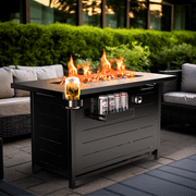 43" Propane Fire Pits for Outside 60,000 BTU Gas Fire Pit Table for Outside with Lid , Glass Beads, Cup Holders, Hanging Shelf & Nylon Cover, Rectangle