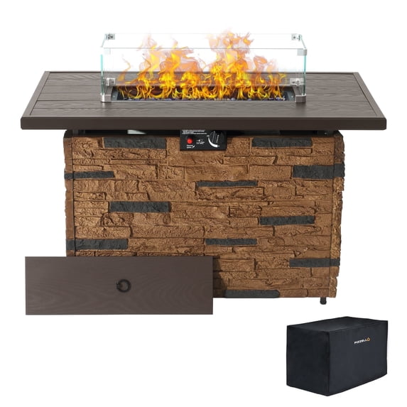 43" Propane Gas Faux Stone Fire Pit Table Outdoor Rectangular Firepit 50,000 BTU with Lid,Glass Wind Guard,Bead,Waterproof Cover,Brown
