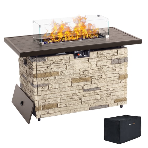 43" Propane Gas Faux Stone Fire Pit Table Outdoor Rectangular Firepit 50,000 BTU with Lid,Glass Wind Guard,Bead,Waterproof Cover,Buff