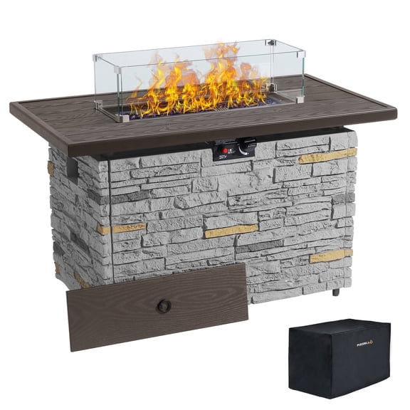 43" Propane Gas Faux Stone Fire Pit Table Outdoor Rectangular Firepit 50,000 BTU with Lid,Glass Wind Guard,Bead,Waterproof Cover,Gray