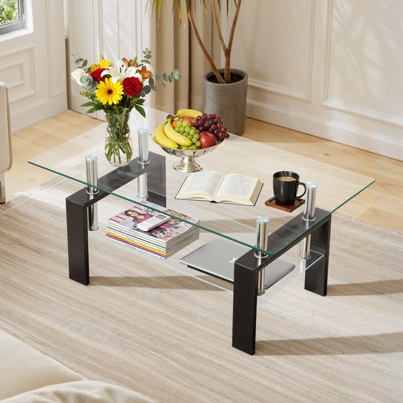 SHINPT Glass Coffee Table with Storage, Rectangle Coffee Table with Metal Legs for Living Room, Modern Coffee Table with Tempered Glass Tabletop, Center Table for Small Apartment, Office