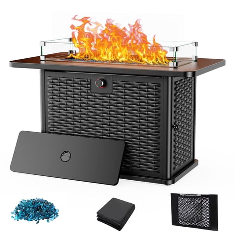 43" Propane Fire Pit Table with Wind Guard - 60,000 BTU Gas Rectangular Fire Pit with Blue Glass Rocks, Waterproof Cover for Deck, Backyard, Garden, Outdoor, CSA-Certified