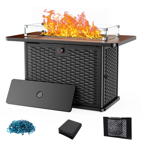 43" Propane Fire Pit Table with Wind Guard - 60,000 BTU Gas Rectangular Fire Pit with Blue Glass Rocks, Waterproof Cover for Deck, Backyard, Garden, Outdoor, CSA-Certified