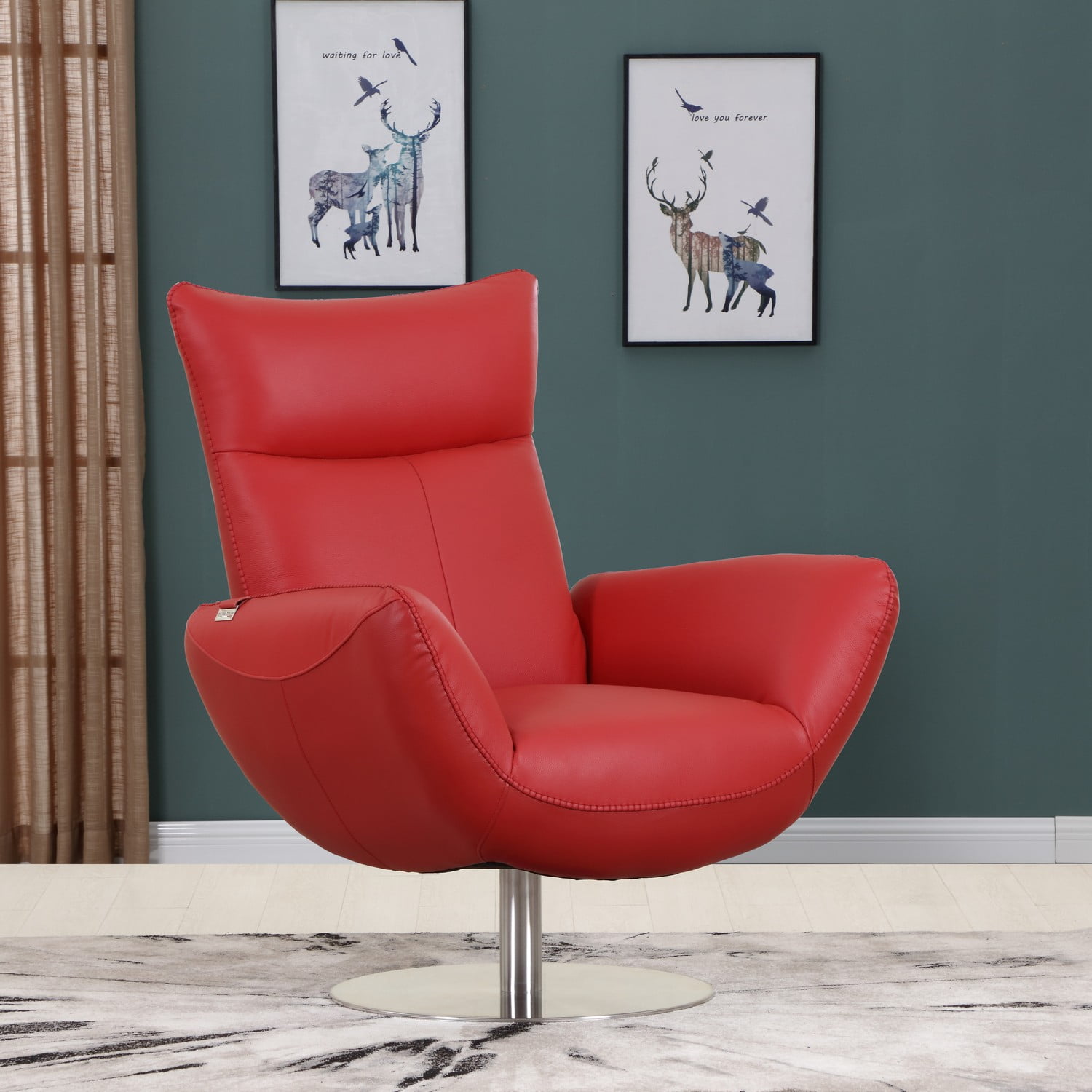 Contemporary Red Leather Swivel Recliner Chair, 43 in.