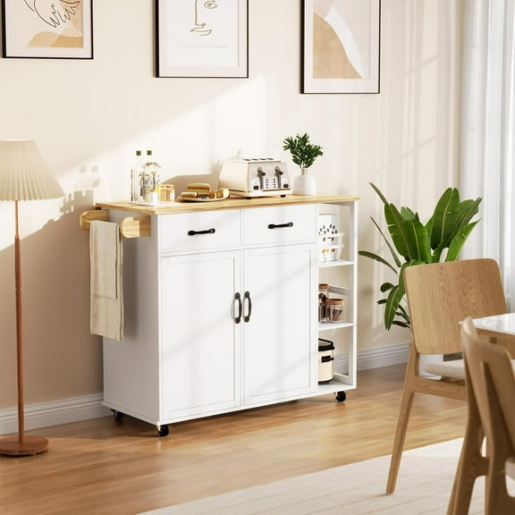 43" Rolling Kitchen Island Cart with Drop Leaf, Storage Cabinet, 2 Drawers, Spice Racks & Towel Rack, Mobile Kitchen Island On Wheels for Home Dining Room