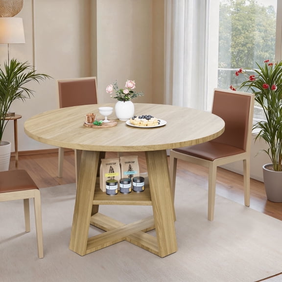 43" Round Dining Table for 4-6, Dining Table with Storage Shelf, Wood Grain Top, Sturdy Wood Legs, Space Saving Dinner Tables, Circle Kitchen Tables, Natural