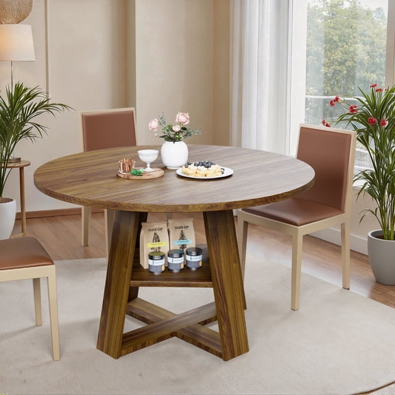 43" Round Dining Table for 4-6, Dining Table with Storage Shelf, Wood Grain Top, Sturdy Wood Legs, Space Saving Dinner Tables, Circle Kitchen Tables, Walnut