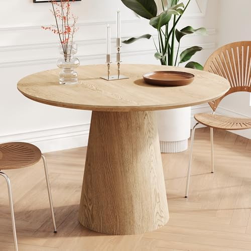 43" Round Dining Table for 4, Modern Natural Wood Grain Dining Table with Cone Wood Pedestal ...