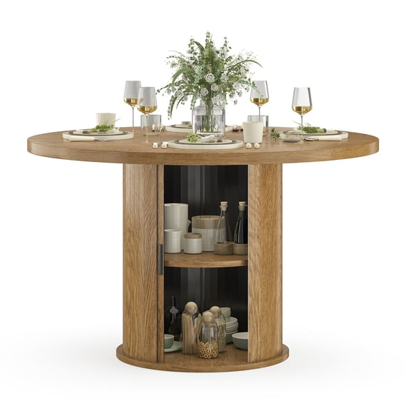 43" Round Dining Table for 4, Modern Wood Top Dinner Table with Heavy-Duty Metal Base, Compact Small Kitchen Table for Dining Room, Apartment & Kitchen Nook-Walnut + Wood