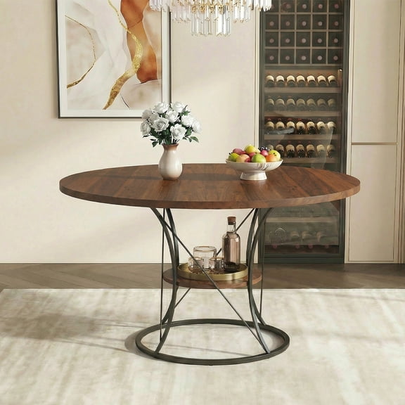 43" Round Dining Table, Expandable Kitchen Table with Storage Shelf and Metal Base for Kitchen, Living Room, Walnut + Black