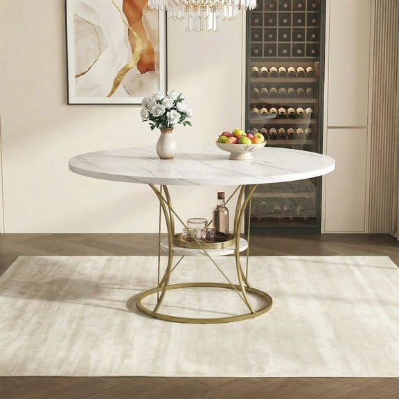 43" Round Dining Table, Expandable Kitchen Table with Storage Shelf and Metal Base for Kitchen, Living Room, White + Gold