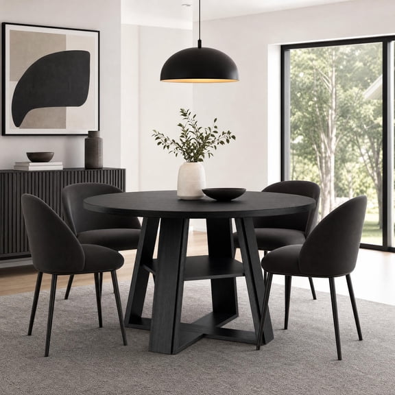 43" Round Dining Table with Storage Shelf & Wooden Pedestal – Farmhouse Circle Table for 4-6, Space-Saving Kitchen Table for Living Room, Apartment, Table Only