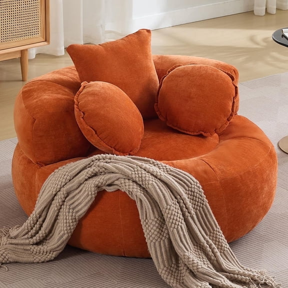 43'' Round Oversized Chaise Lounge Indoor Chair, No Assembly Chenille Compressed Circle Sofa Bed,Comfy Upholstered Sleeper Couch,Lazy Bean Bag Couch for Living Room, Bedroom,Orange