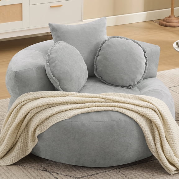43'' Round Oversized Chaise Lounge Indoor Chair, No Assembly Chenille Compressed Circle Sofa Bed,Comfy Upholstered Sleeper Couch,Lazy Bean Bag Couch for Living Room, Bedroom,Grey