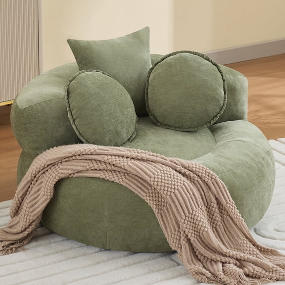 43'' Round Oversized Chaise Lounge Indoor Chair, No Assembly Chenille Compressed Circle Sofa Bed,Comfy Upholstered Sleeper Couch,Lazy Bean Bag Couch for Living Room, Bedroom,Green