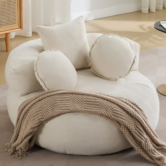 43'' Round Oversized Chaise Lounge Indoor Chair, No Assembly Chenille Compressed Circle Sofa Bed,Comfy Upholstered Sleeper Couch,Lazy Bean Bag Couch for Living Room, Bedroom,Beige