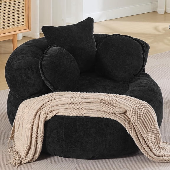 43'' Round Oversized Chaise Lounge Indoor Chair, No Assembly Chenille Compressed Circle Sofa Bed,Comfy Upholstered Sleeper Couch,Lazy Bean Bag Couch for Living Room, Bedroom,Black