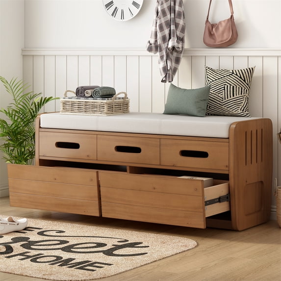 Storage Bench with 2 Drawers, Rustic Entryway Bench with Hidden Storage Space and 3 False Drawers at the Top, Shoe Bench for Living Room