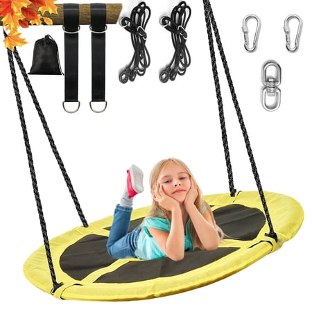 43" Saucer Tree Swing 700lbs Round Swing For Kids,Waterproof 360 Rotate, w/ 1 Swivel,2 Adjustable Ropes&2 Hanging Straps,Easy To Install,Outdoor Backyard Playground,Yellow