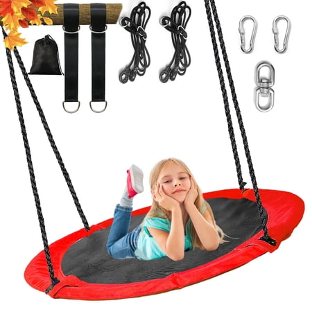 43" Saucer Tree Swing 700lbs Round Swing For Kids,Waterproof 360 Rotate, w/ 1 Swivel,2 Adjustable Ropes&2 Hanging Straps,Easy To Install,Outdoor Backyard Playground,Red
