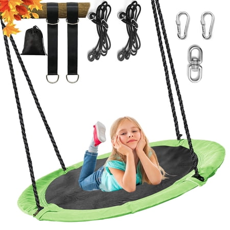 43" Saucer Tree Swing 700lbs Round Swing For Kids,Waterproof 360 Rotate, w/ 1 Swivel,2 Adjustable Ropes&2 Hanging Straps,Easy To Install,Outdoor Backyard Playground,Green