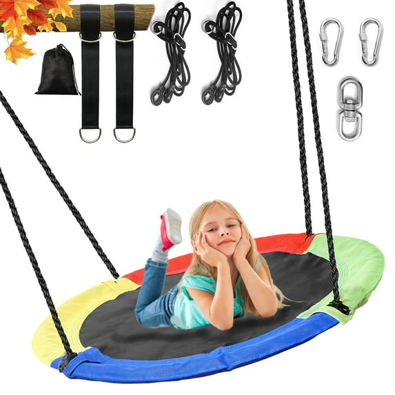 43" Saucer Tree Swing 700lbs Round Swing For Kids,Waterproof 360 Rotate, w/ 1 Swivel,2 Adjustable Ropes&2 Hanging Straps,Easy To Install,Outdoor Backyard Playground,4CLR